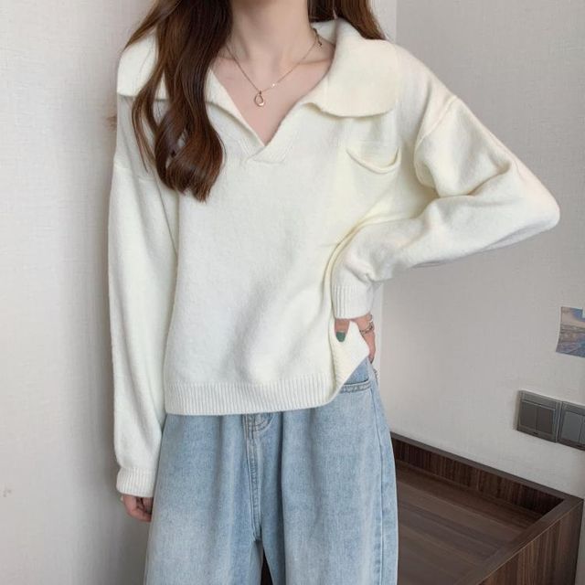 Plain Sweater Loose-Fit V-Neck