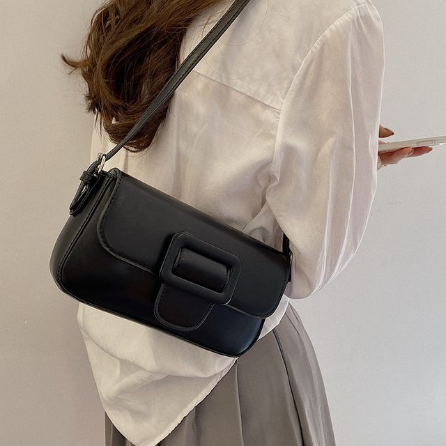 Shoulder Buckled Flap Bag Faux Leather