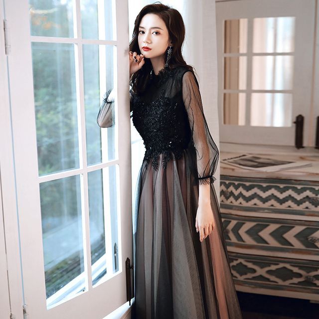 Flower Midi Evening Mock Beaded / Cocktail A-Line Embroidered Dress Neck Puff-Sleeve Gown