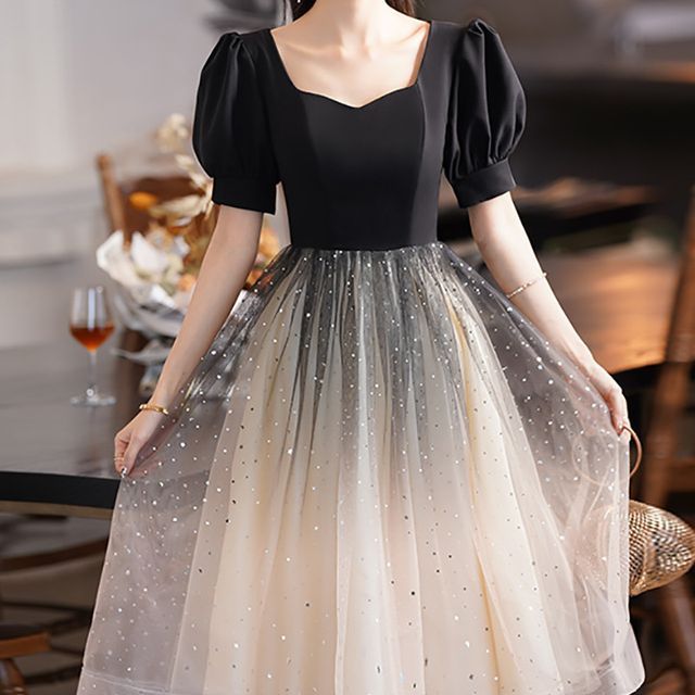 Puff-Sleeve Gown Two Cocktail / A-Line Evening Tone Dress Sequin