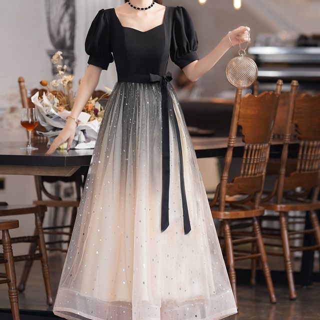 Puff-Sleeve Gown Two Cocktail / A-Line Evening Tone Dress Sequin