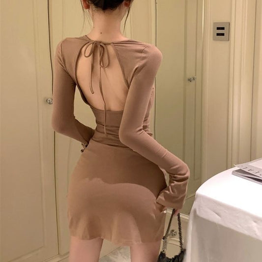 Long-Sleeve Mini Open Neck Sheath Crew Back Plain Dress