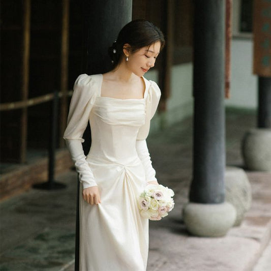 Wedding Plain Puff-Sleeve Neck Gown Sheath Square