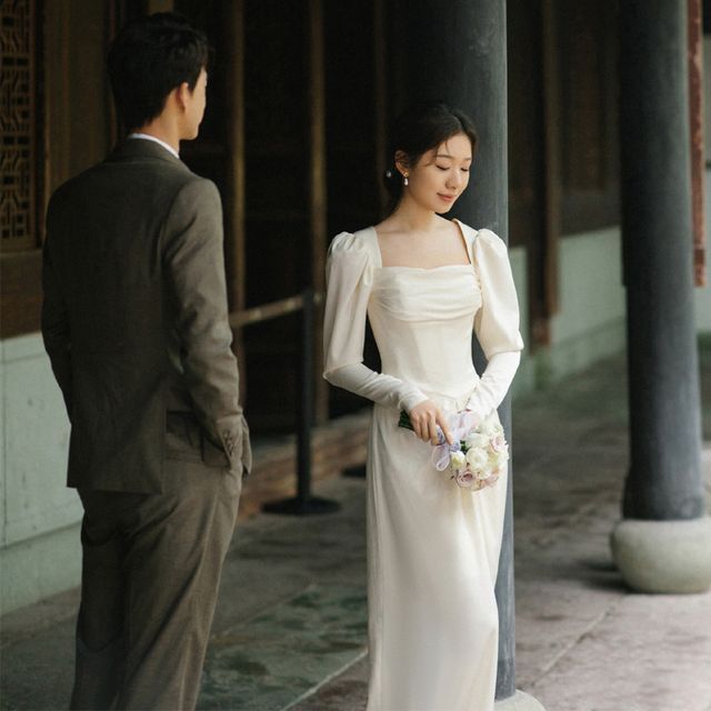 Wedding Plain Puff-Sleeve Neck Gown Sheath Square