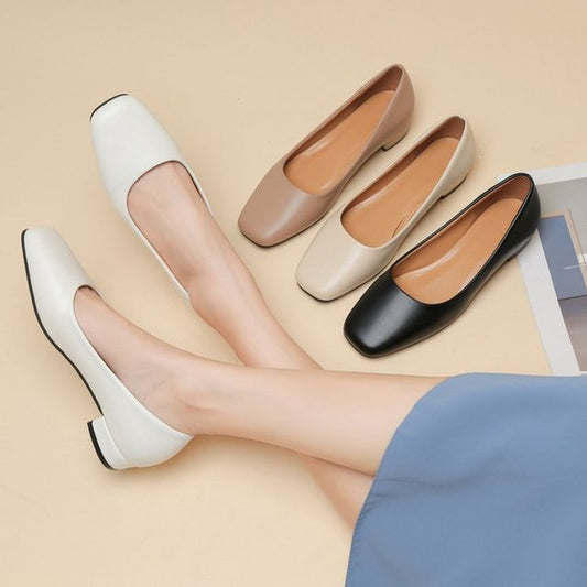 Plain Block Heel Toe Faux Leather Pumps Square