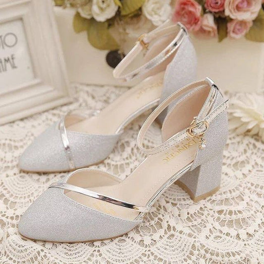Glitter Strap Pointed Ankle Heel Pumps Toe Block D'Orsay