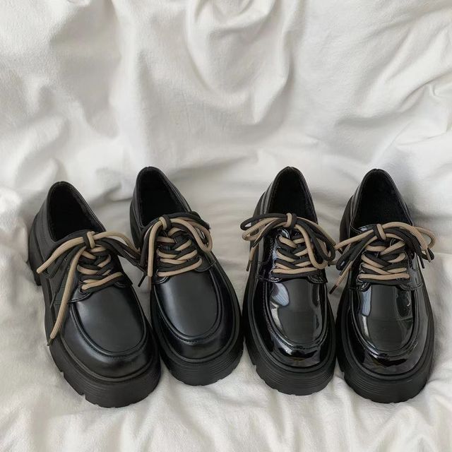 Faux Platform Leather Shoes Lace-Up