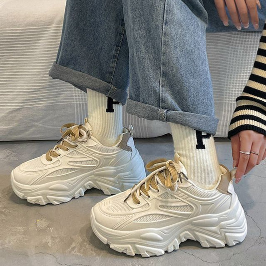 Lace-Up Platform Faux Leather Two Sneakers Panel Mesh Tone