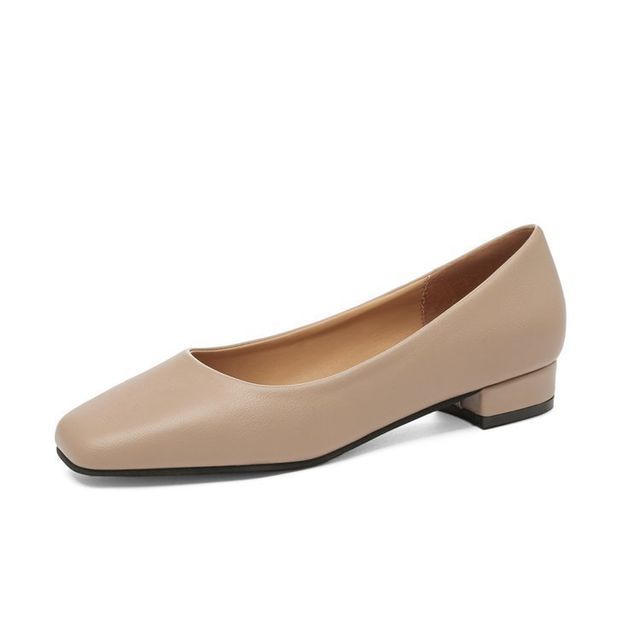 Plain Block Heel Toe Faux Leather Pumps Square