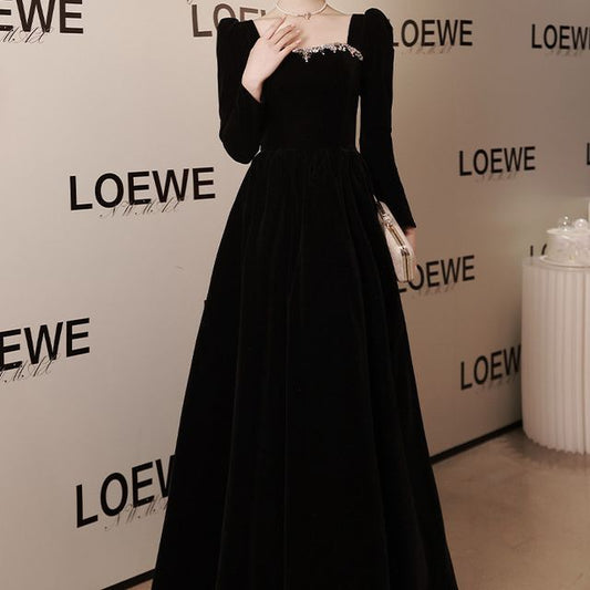 Neck Rhinestone Long-Sleeve Square A-Line Evening Plain Gown