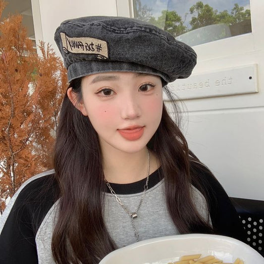 Lettering Embroidered Beret Denim Hat