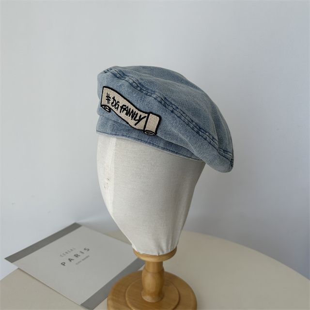 Lettering Embroidered Beret Denim Hat