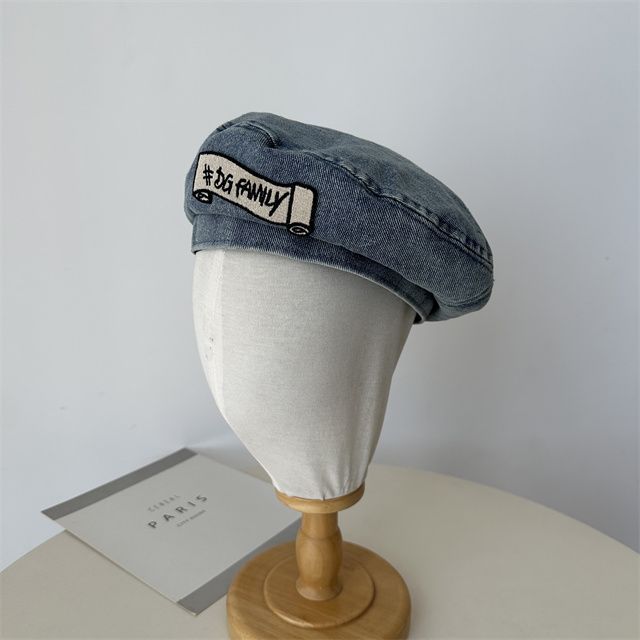 Lettering Embroidered Beret Denim Hat