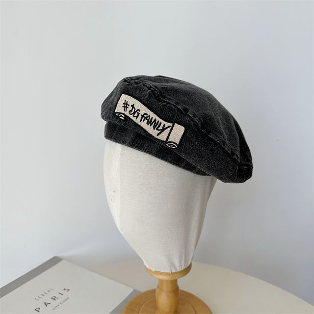 Lettering Embroidered Beret Denim Hat