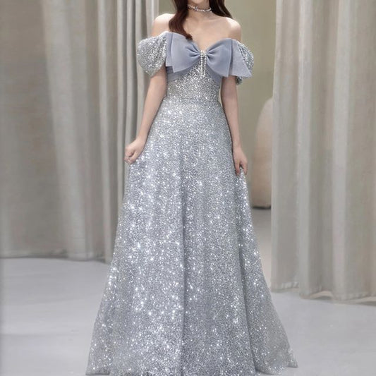 Bow A-Line Off Glitter Short-Sleeve Gown Shoulder Evening