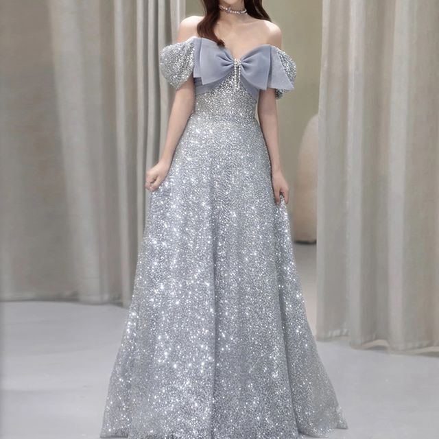 Short-Sleeve Off Shoulder Bow Glitter A-Line Evening Gown