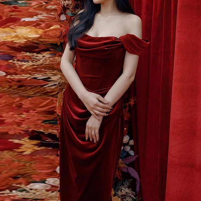 Plain Ruched Shoulder Slit Velvet Off Short-Sleeve Evening Sheath Gown