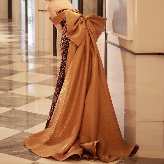 Evening Shoulder Sequin Sleeveless A-Line Off Bow Gown Panel