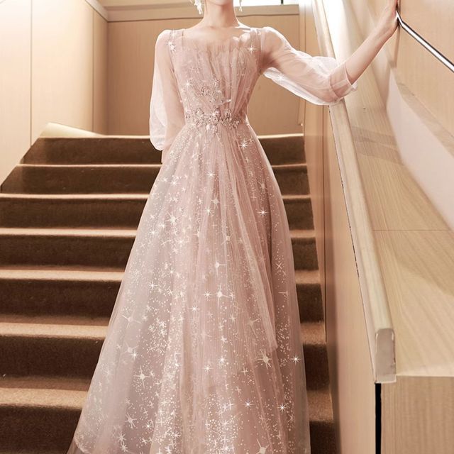 Mesh Sweetheart Sequin Panel Neckline A-Line Embroidered Gown 3/4-Sleeve Evening