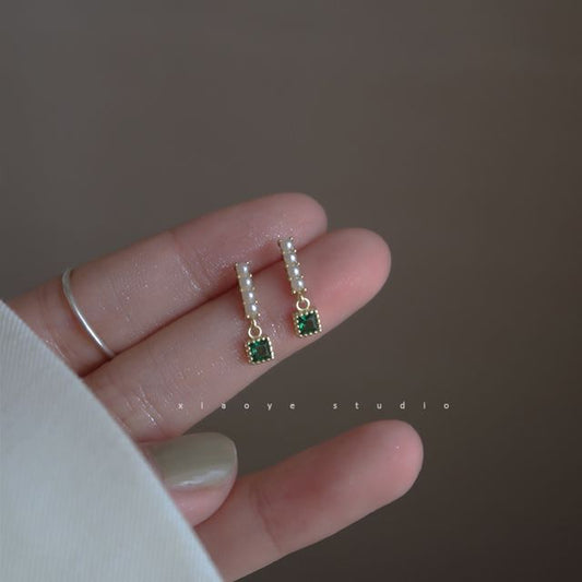 Square Pearl Earring Faux Drop Rhinestone Alloy