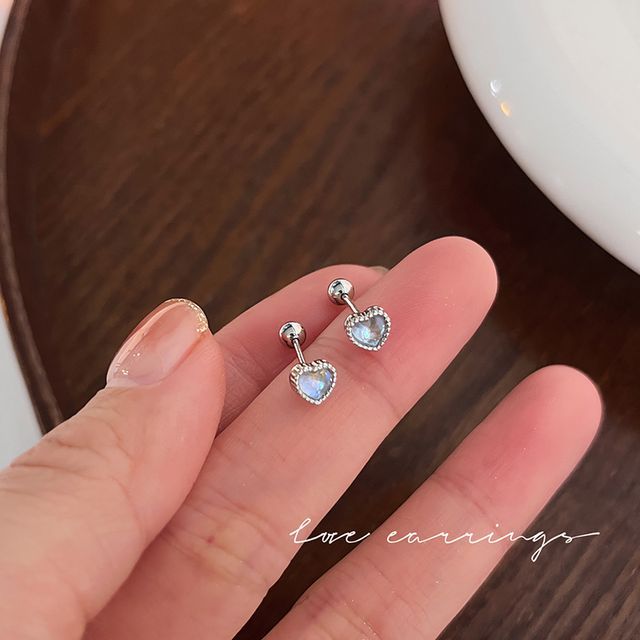 Silver Earring Heart Moonstone Sterling Barbell
