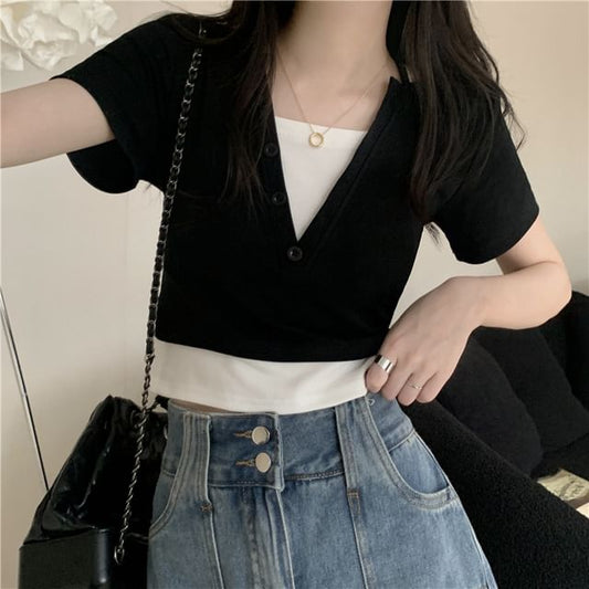 Two-Piece Halter Short-Sleeve Mock Top