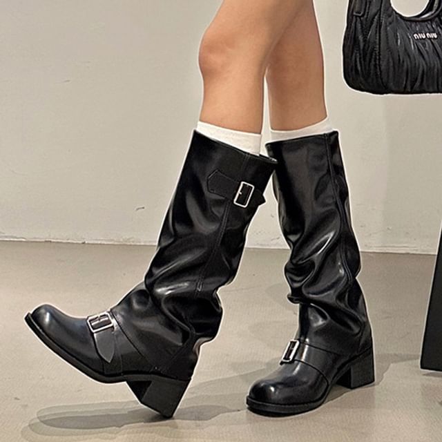 Chunky Heel Boots Tall Buckled