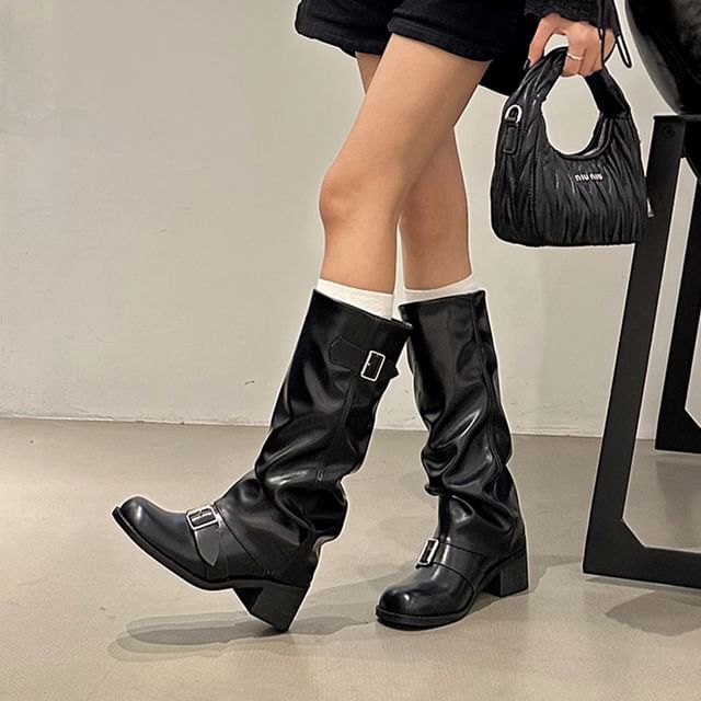 Chunky Heel Boots Tall Buckled