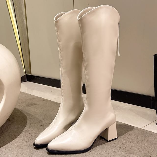 Boots Pointy Heel Faux Tall Leather Chunky