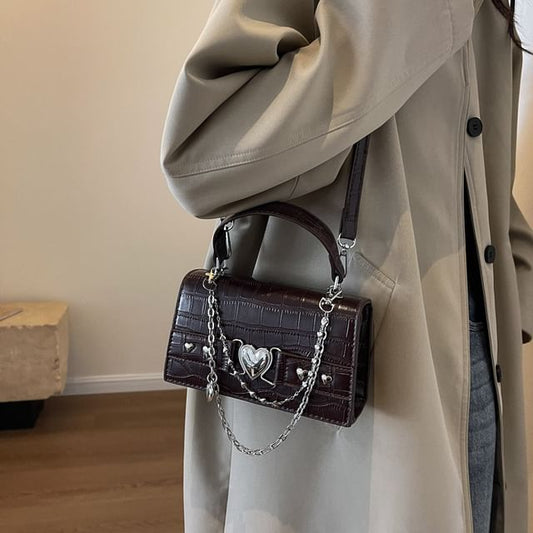 Buckled Flap Croc Crossbody Bag Heart Grain