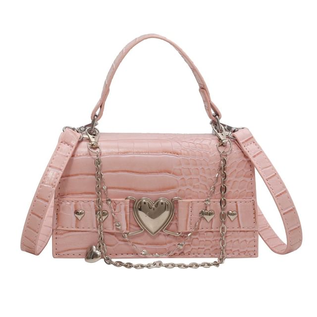 Buckled Flap Croc Crossbody Bag Heart Grain