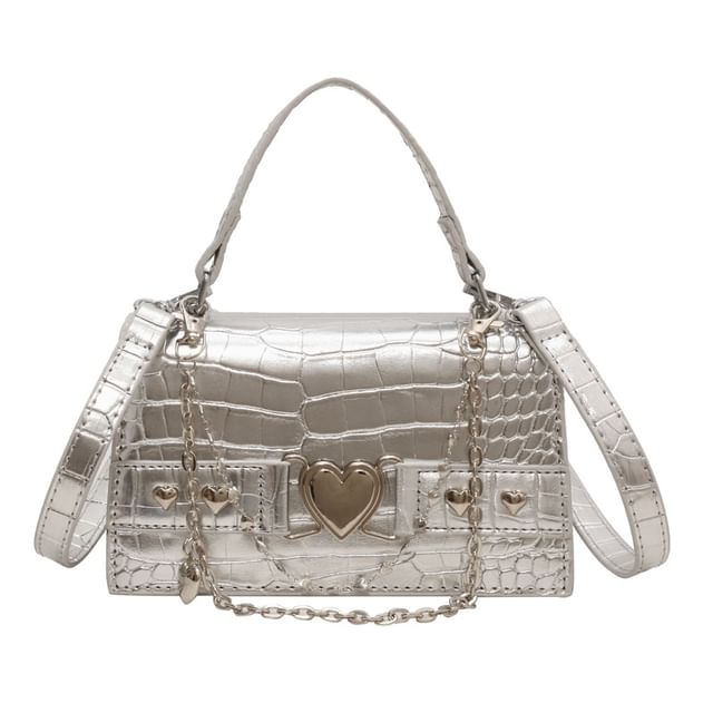 Buckled Flap Croc Crossbody Bag Heart Grain