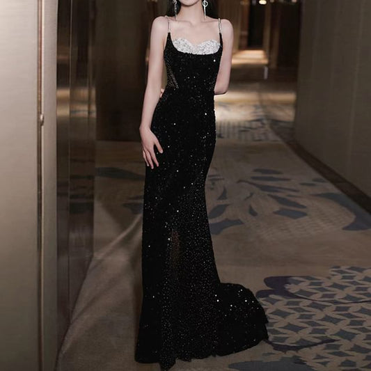 Sequin Neckline Trained Two Tone Strap Rhinestone Back Spaghetti Gown Accent Sweetheart Open Mermaid Evening