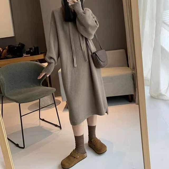 Plain Hoodie Long-Sleeve Dress Knit Midi