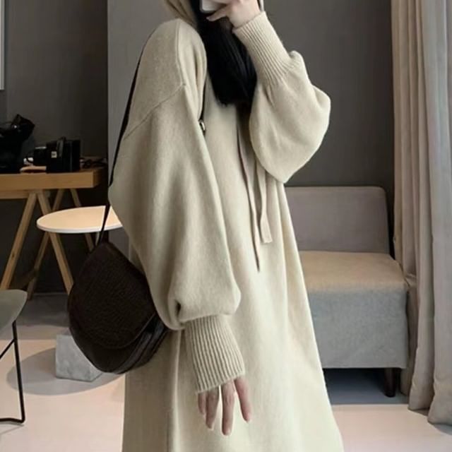 Plain Hoodie Long-Sleeve Dress Knit Midi
