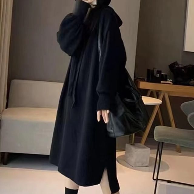 Plain Hoodie Long-Sleeve Dress Knit Midi
