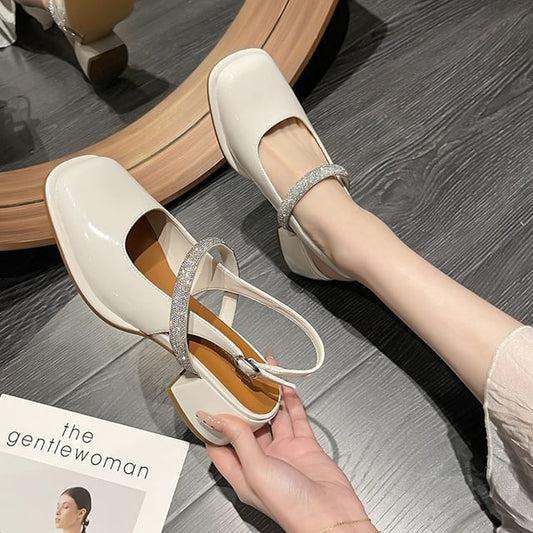 Square Pumps Slingback Rhinestone Mary Block Jane Heel Toe