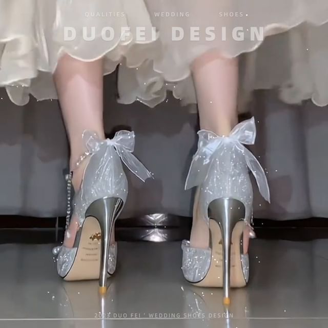 Stiletto Pearl Strap Sandals Bow Faux Glitter Ankle