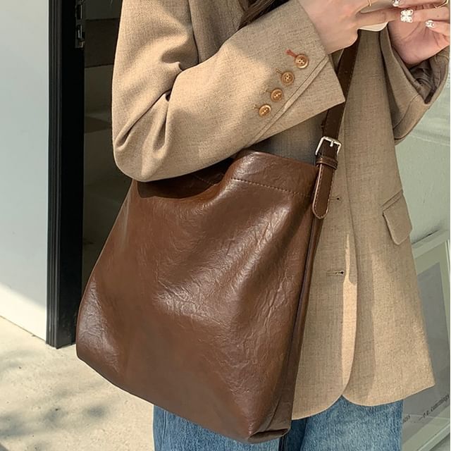 Leather Bucket Crossbody Plain Faux Bag