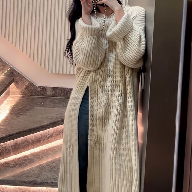 Neck Sweater Crew Slit Midi Dress Plain
