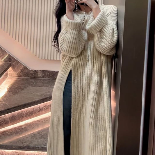 Neck Sweater Crew Slit Midi Dress Plain