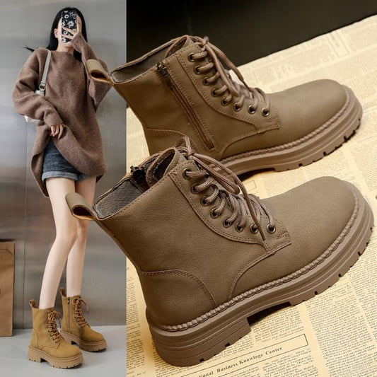 Leather Plain Heel Chunky Faux Lace-Up Short Boots