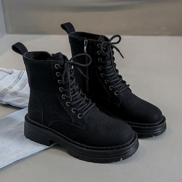 Leather Plain Heel Chunky Faux Lace-Up Short Boots