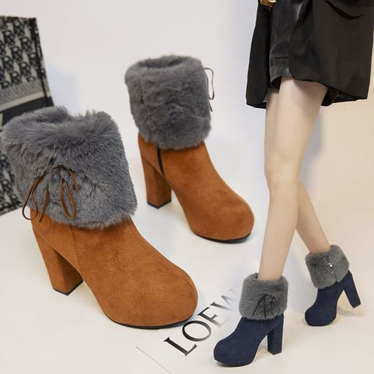 Trim Heel Ankle Fluffy Platform Chunky Boots