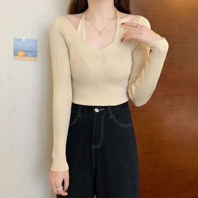 Fit Halter Mock Slim Knit Ribbed Two-Piece Top Long-Sleeve Neck Plain