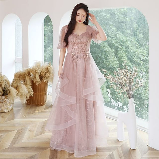 Sleeve Size Neckline Ruffled A-Line Gown Puff Mesh Sequined Sweetheart Evening Plus