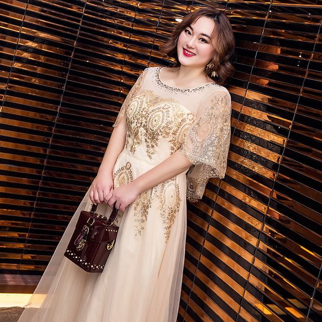 Size Gown Plus A-Line Detail Mesh Sequined Sleeve Evening Cap