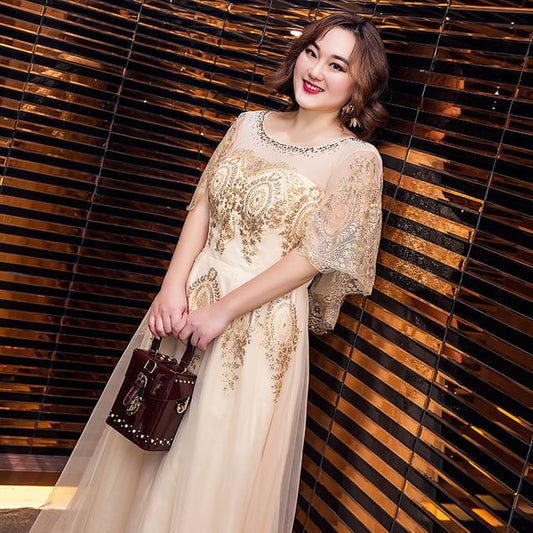 Size Gown Plus A-Line Detail Mesh Sequined Sleeve Evening Cap