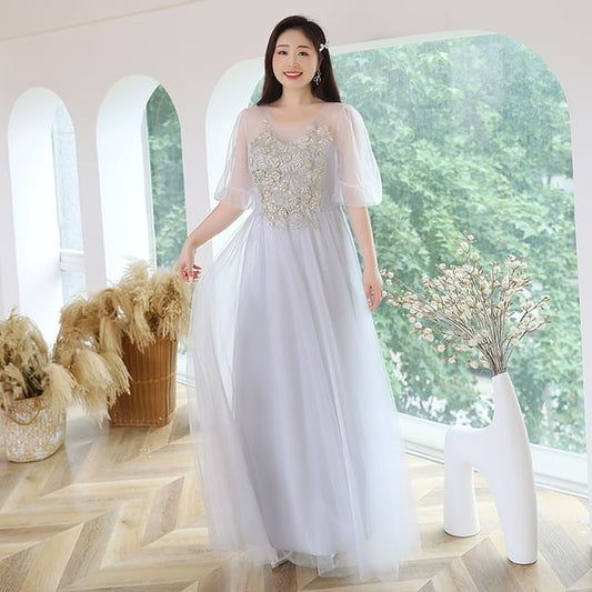 Evening Applique Bell Mesh A-Line Embroidery Plus Gown Size Sleeve