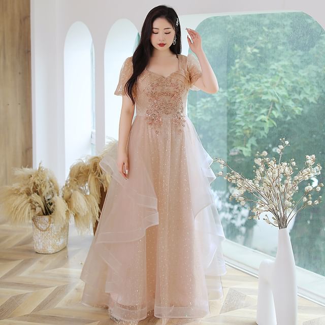 Sleeve Size Neckline Ruffled A-Line Gown Puff Mesh Sequined Sweetheart Evening Plus